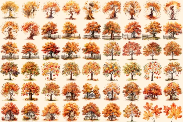 Autumn Trees Watercolor Clipart Bundle - 368+ transparent PNG, Rustic seasonal foliage art, Fall tree png, Commercial use, Digital download