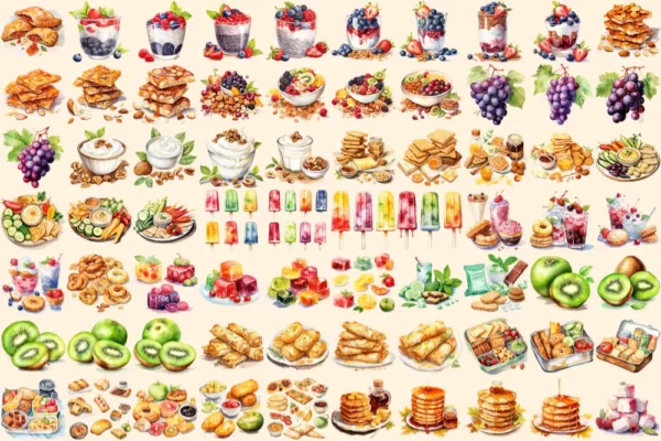 Snacks Watercolor Clipart Bundle - 470+ transparent PNG, Delicious snack variety graphics, Fast food png, Commercial use, Digital download