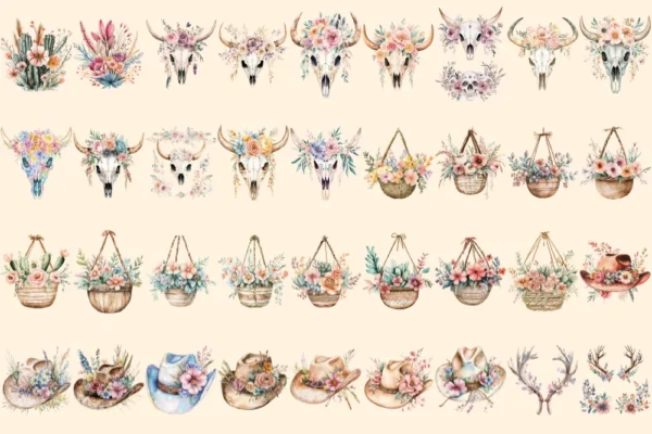 Boho Western Watercolor Clipart Bundle - 240+ transparent PNG, Western desert cowgirl graphics, Boho png, Commercial use, Digital download