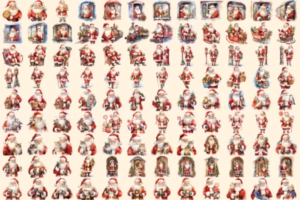 Santa Claus Watercolor Clipart Bundle - 750+ transparent PNG, Cheerful santa illustrations, Holiday images, Commercial use, Digital download