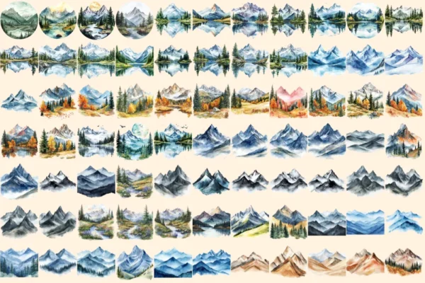 Mountain Landscapes Watercolor Clipart Bundle - 503+ transparent PNG, Majestic mountain images, Alpine png, Commercial use, Digital download