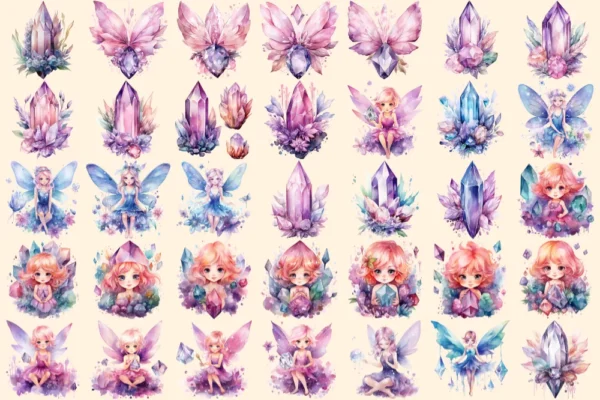 Fairy Crystals Watercolor Clipart Bundle - 220+ transparent PNG, Enchanting fairy images, Cute storybook, Commercial use, Digital download