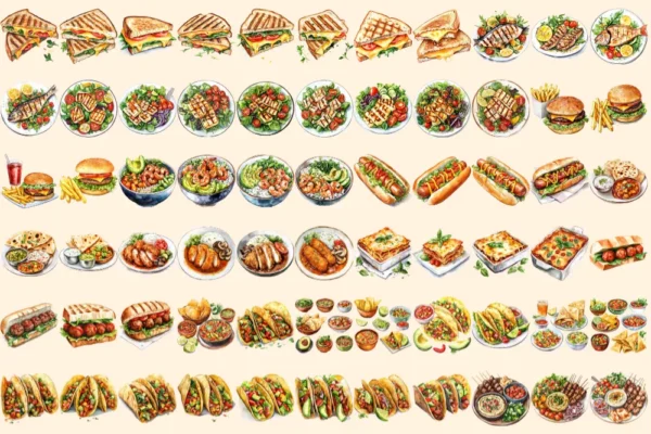 Lunch Foods Watercolor Clipart Bundle - 450+ transparent PNG, Midday feast graphics, Lunchtime meal images, Commercial use, Digital download