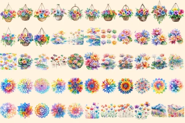 Rainbow Flowers Watercolor Clipart Bundle - 380+ transparent PNG, Vibrant flower graphics, Blossom png, Commercial use, Digital download