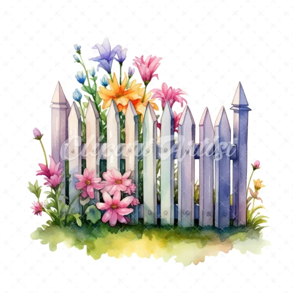 20 High-Quality Picket Fences Clipart - Picket fences digital watercolor JPG instant download for commercial use - Digital download