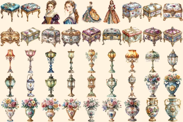 Baroque Era Watercolor Clipart Bundle - 288+ transparent PNG, Elegant baroque graphics, Historical images, Commercial use, Digital download