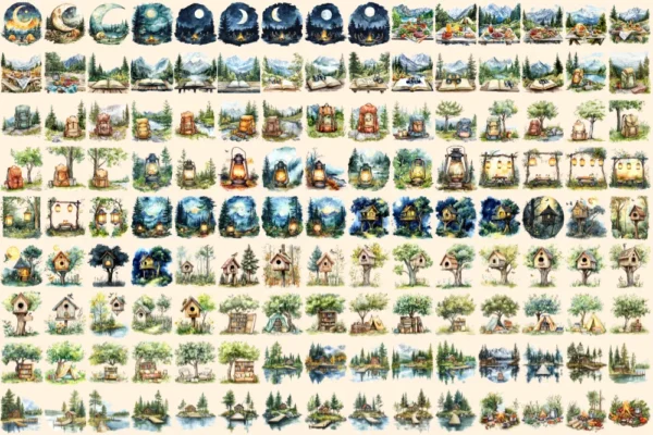 Camping Watercolor Clipart Bundle - 930+ transparent PNG, Nature adventure illustrations, Campsite graphics,Commercial use, Digital download