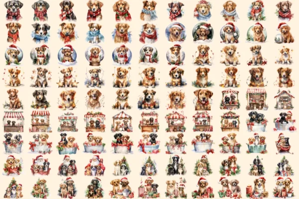 Christmas Dogs Watercolor Clipart Bundle - 680+ transparent PNG, Cozy festive dog graphics, Holiday pup art,Commercial use, Digital download