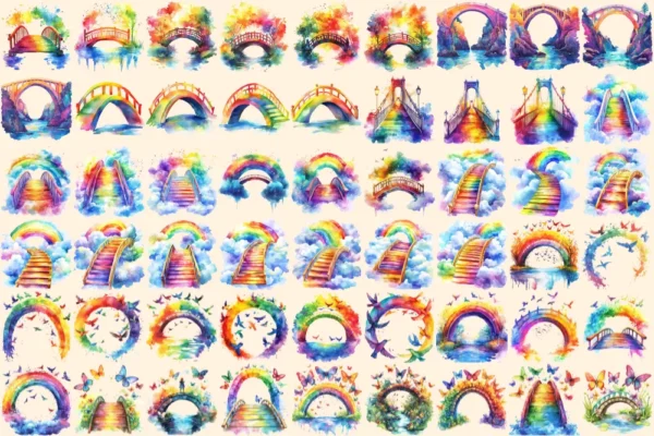 Rainbow Bridges Watercolor Clipart Bundle - 352+ transparent PNG, Colorful archway images, Vibrant bridge, Commercial use, Digital download