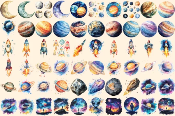 Astronomy Watercolor Clipart Bundle - 400+ transparent PNG, Sky and planet graphics, Celestial starry art, Commercial use, Digital download