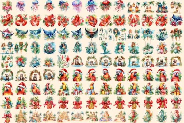 Tropical Christmas Watercolor Clipart Bundle - 790+ transparent PNG, Exotic tropic holiday image,Festive png,Commercial use,Digital download