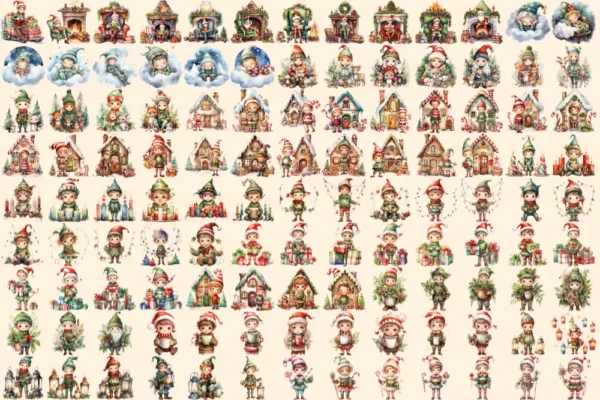 Christmas Elves Watercolor Clipart Bundle - 791+ transparent PNG, Cozy festive magic png, Holiday elf art, Commercial use, Digital download