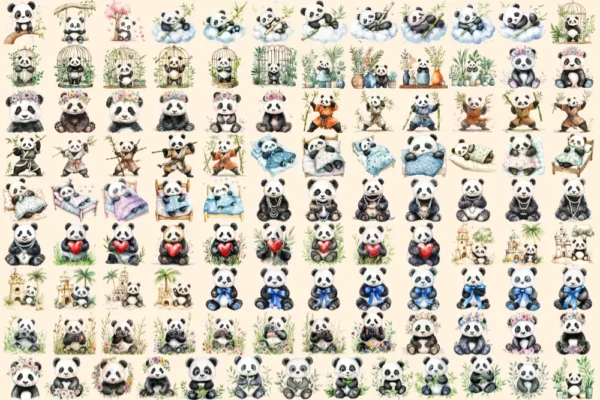 Pandas Watercolor Clipart Bundle - 760+ transparent PNG, Charming panda graphics, Bamboo-loving bear png, Commercial use, Digital download