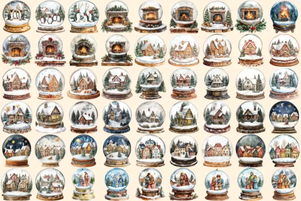 Christmas Snow Globes Watercolor Clipart Bundle - 348+ transparent PNG, Holiday cheer graphics, Cozy winter, Commercial use,Digital download