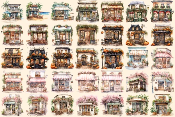 Cafes Watercolor Clipart Bundle - 220+ transparent PNG, Charming coffee shop graphics, Delightful bistro art,Commercial use,Digital download