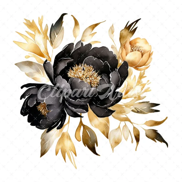 23 High-Quality Black Gold Peony Clipart - Black gold peony digital watercolor JPG instant download for commercial use - Digital download