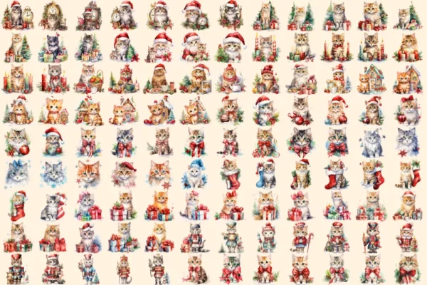 Christmas Cats Watercolor Clipart Bundle - 721+ transparent PNG, Holiday cat images, Cozy festive kitty png, Commercial use,Digital download