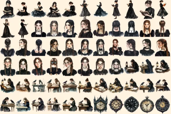 Gothic Academia Watercolor Clipart Bundle - 443+ transparent PNG, Academic mystery images, Gothic study png, Commercial use,Digital download