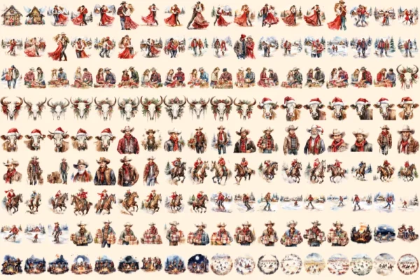 Western Christmas Watercolor Clipart Bundle - 1140+ transparent PNG, Festive western graphics, Cowboy png, Commercial use, Digital download