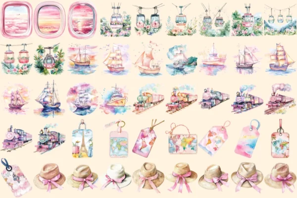 Around the World Watercolor Clipart Bundle - 312+ transparent PNG, Cute travel graphics, Travel png images, Commercial use, Digital download