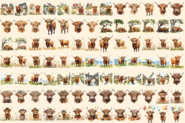 Highland Cows Watercolor Clipart Bundle - 625+ transparent PNG, Rustic cattle graphics, Highland cow png, Commercial use, Digital download