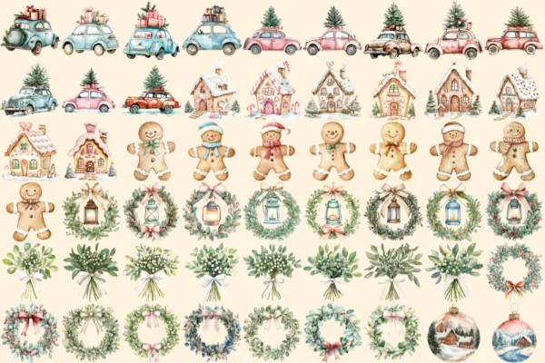 Rustic Christmas Watercolor Clipart Bundle - 348+ transparent PNG, Warm holiday scenes, Rustic x-mas images, Commercial use,Digital download