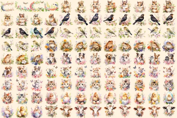 Spring Floral Animals Watercolor Clipart Bundle - 723+ transparent PNG, Spring pets graphics, Floral images, Commercial use,Digital download