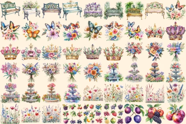 Royal Garden Watercolor Clipart Bundle - 358+ transparent PNG, Royal botanical graphics, Elegant garden png, Commercial use,Digital download