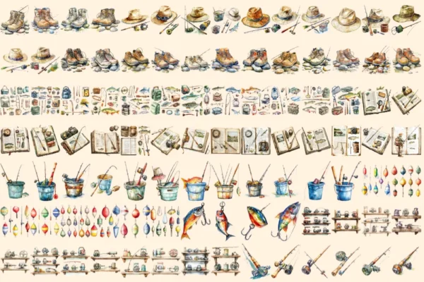 Fishing Watercolor Clipart Bundle - 690+ transparent PNG, Fishing gear illustration, Angler equipment art, Commercial use, Digital download