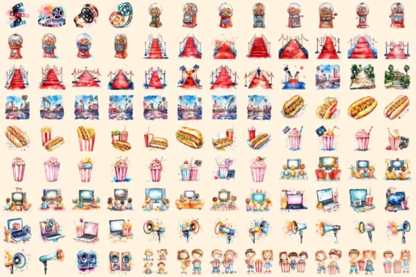 Movie Time Watercolor Clipart Bundle - 760+ transparent PNG, Cinema snacks illustration, Movie night art, Commercial use, Digital download