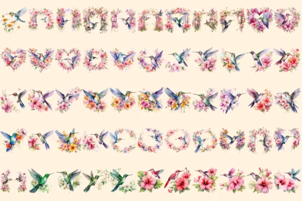 Floral Hummingbirds Watercolor Clipart Bundle - 380+ transparent PNG, Hummingbirds png, Spring bird images, Commercial use, Digital download