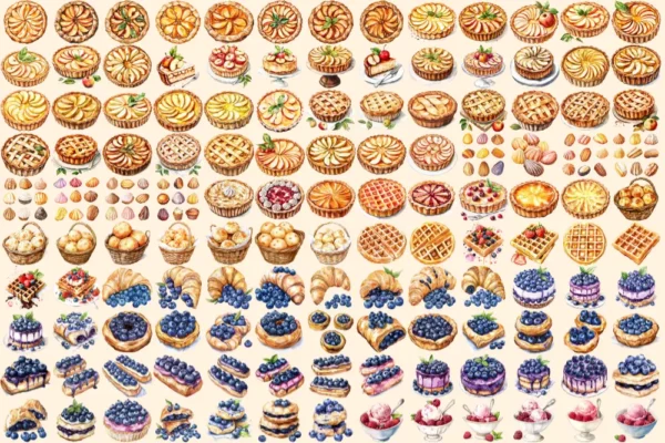 French Pastries Watercolor Clipart Bundle - 895+ transparent PNG, Elegant dessert graphics, Pastry images, Commercial use, Digital download