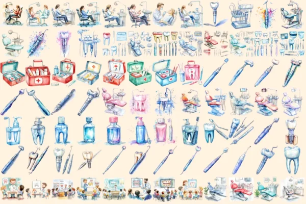 Dentistry Watercolor Clipart Bundle - 547+ transparent PNG, Dental equipment graphics, Oral health images, Commercial use, Digital download