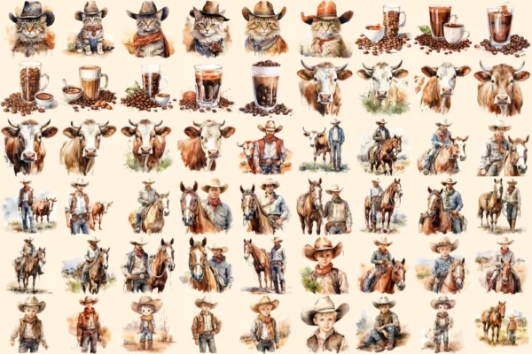 Ranch Watercolor Clipart Bundle - 374+ transparent PNG, Rustic homestead illustration, Western ranch art, Commercial use, Digital download