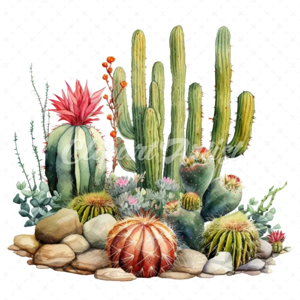 20 High-Quality Desert Cacti Clipart - Desert cacti digital watercolor JPG instant download for commercial use - Digital download
