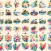Hawaii Watercolor Clipart Bundle - 365+ transparent PNG, Tropical summer illustration, Pastel surfing png, Commercial use, Digital download