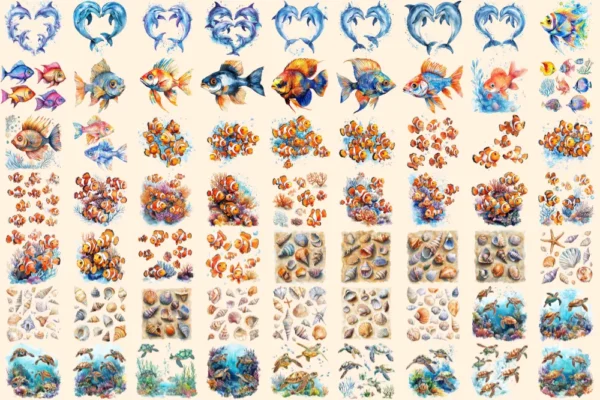 Under the Sea Watercolor Clipart Bundle - 422+ transparent PNG, Ocean life graphics, Marine creature art, Commercial use, Digital download