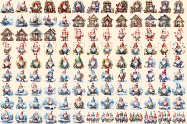 Christmas Gnomes Watercolor Clipart Bundle - 785+ transparent PNG, Festive magic graphics, Holiday gnome png,Commercial use,Digital download