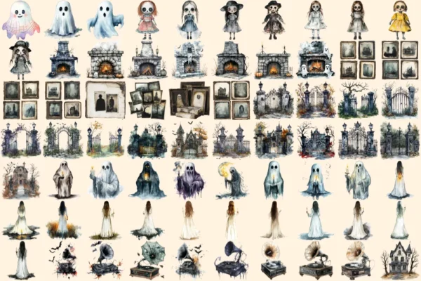 Haunted Mansion Watercolor Clipart Bundle - 475+ transparent PNG, Eerie house png, Ghostly spooky decor, Commercial use, Digital download