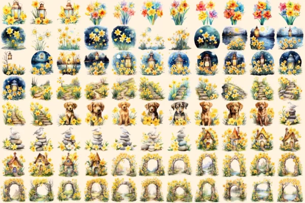 Daffodil Flowers Watercolor Clipart Bundle - 609+ transparent PNG, Blossoming floral graphics, Daffodils png,Commercial use,Digital download
