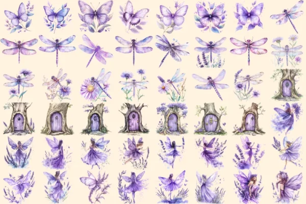 Fairy Dust Watercolor Clipart Bundle - 325+ transparent PNG, Fairytale purple graphics, Whimsical lilac art, Commercial use,Digital download