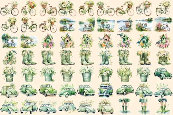 Green Spring Watercolor Clipart Bundle - 430+ transparent PNG, Cute spring girl graphics, Cozy spring png, Commercial use,Digital download