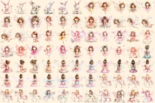 Fairy World Watercolor Clipart Bundle - 523+ transparent PNG, Whimsical fairy garden graphics, Unicorn png, Commercial use, Digital download