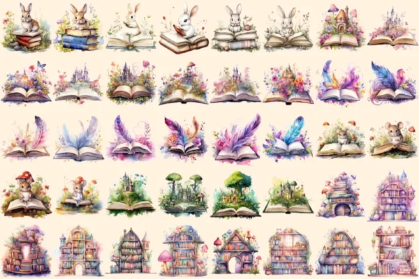 Fairytale Books Watercolor Clipart Bundle - 248+ transparent PNG, Cute storybook graphics, Magical images, Commercial use, Digital download