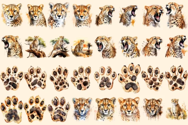 Cheetah Watercolor Clipart Bundle - 211+ transparent PNG, Safari cheetah graphics, Wild savanna images, Commercial use, Digital download