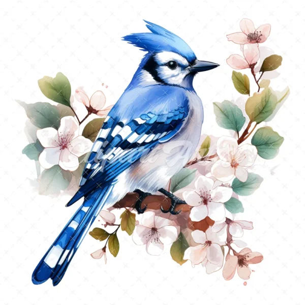19 High-Quality Floral Blue Jay Clipart - Floral blue jay digital watercolor JPG instant download for commercial use - Digital download