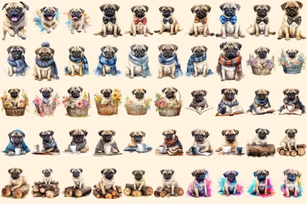Pugs Watercolor Clipart Bundle - 345+ transparent PNG, Charming pug illustrations, Playful puppy graphics, Commercial use, Digital download