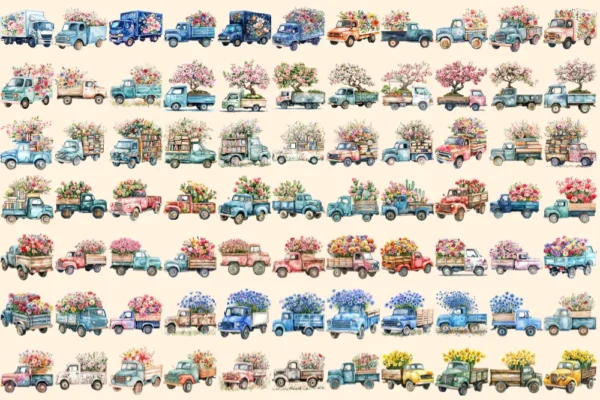 Floral Trucks Watercolor Clipart Bundle - 523+ transparent PNG, Blossom truck graphics, Floral vehicle png, Commercial use, Digital download