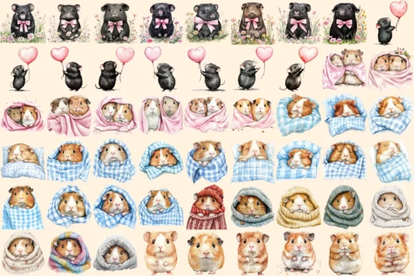 Guinea Pigs Watercolor Clipart Bundle - 365+ transparent PNG, Adorable hamster graphics, Cute pet images, Commercial use, Digital download