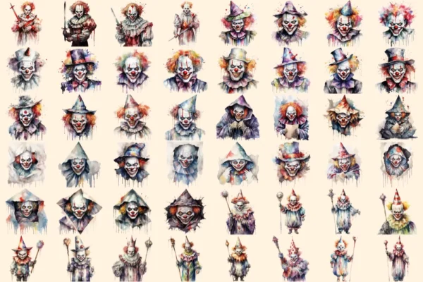 Scary Clowns Watercolor Clipart Bundle - 325+ transparent PNG, Creepy halloween graphics, Spooky clown art, Commercial use, Digital download